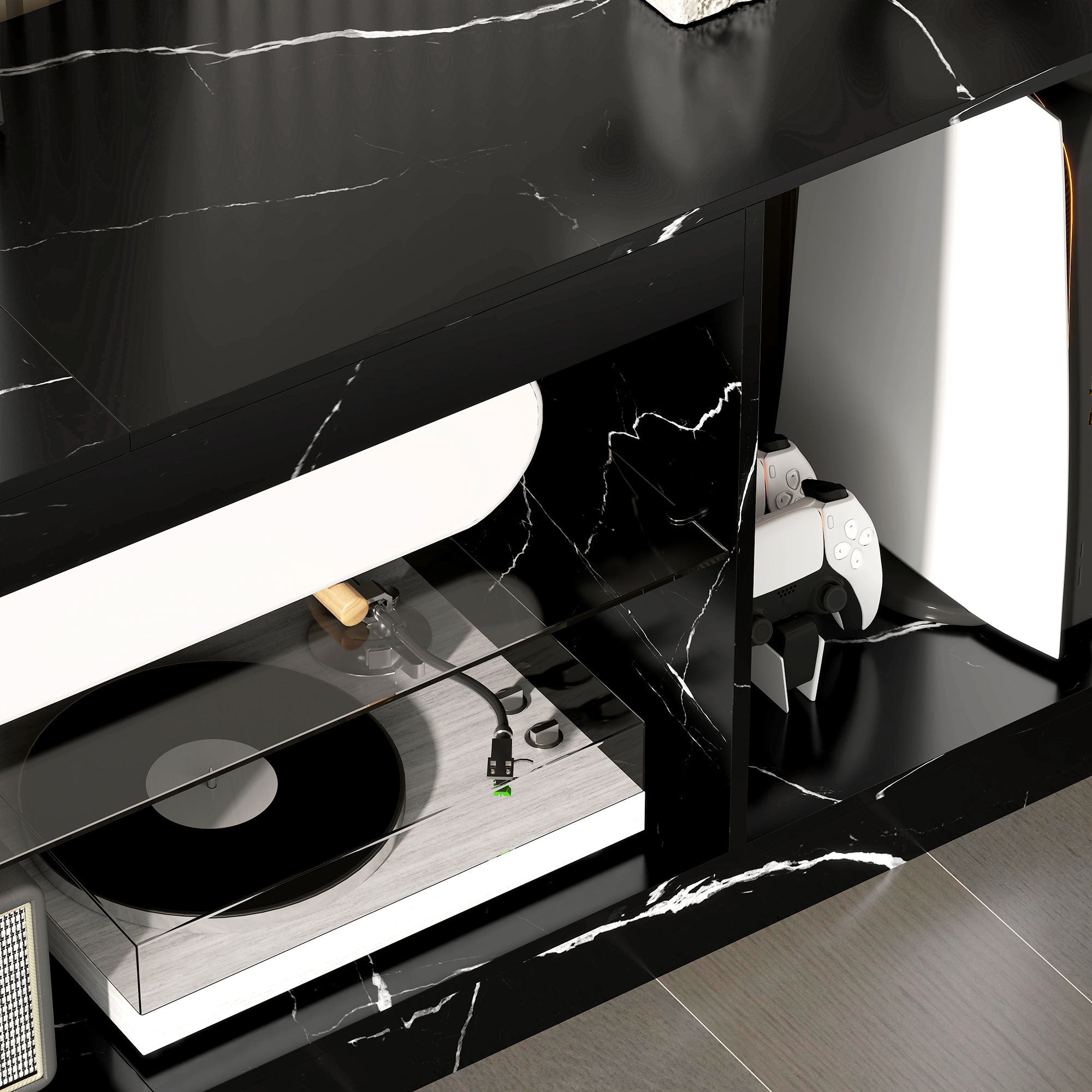 Modern white and black vinyl record player on homcom tv stand cabinet with black marble pattern particle board design