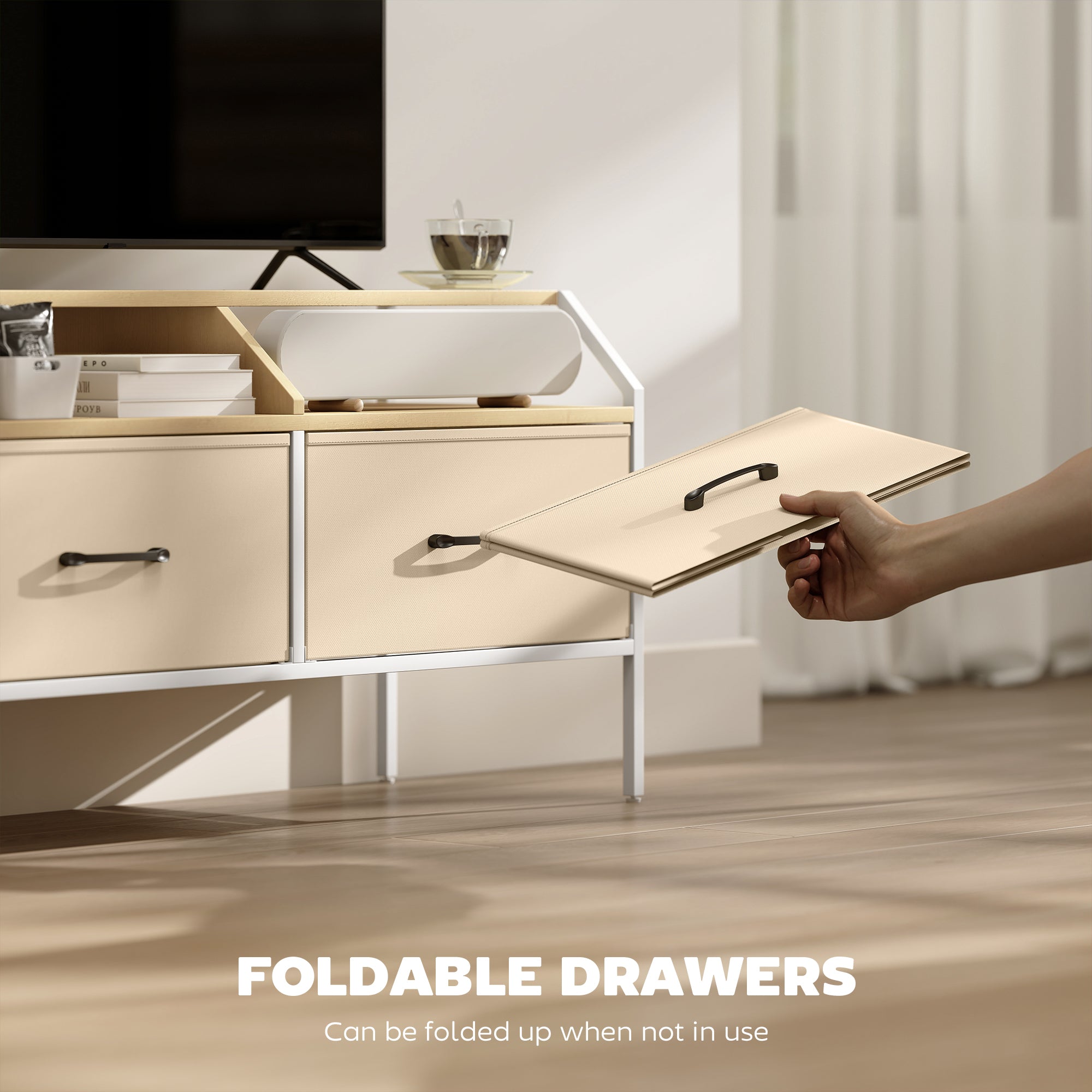 Beige foldable drawer with sleek black handle in homcom tv stand cabinet with natural wood finish for space-saving storage