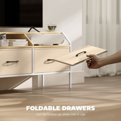 Beige foldable drawer with sleek black handle in homcom tv stand cabinet with natural wood finish for space-saving storage