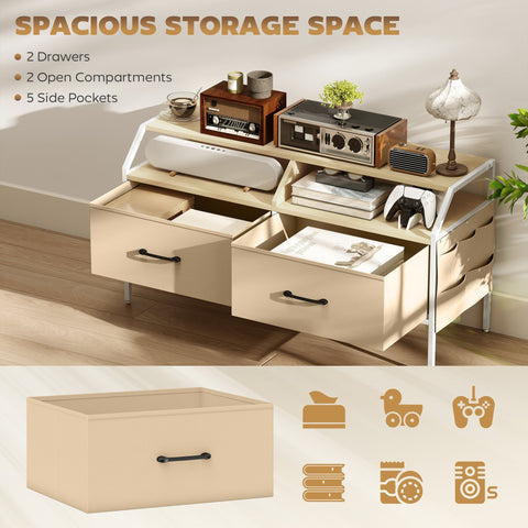 Beige homcom tv stand cabinet with natural wood finish, 2 drawers, open compartments, and side pockets for storage