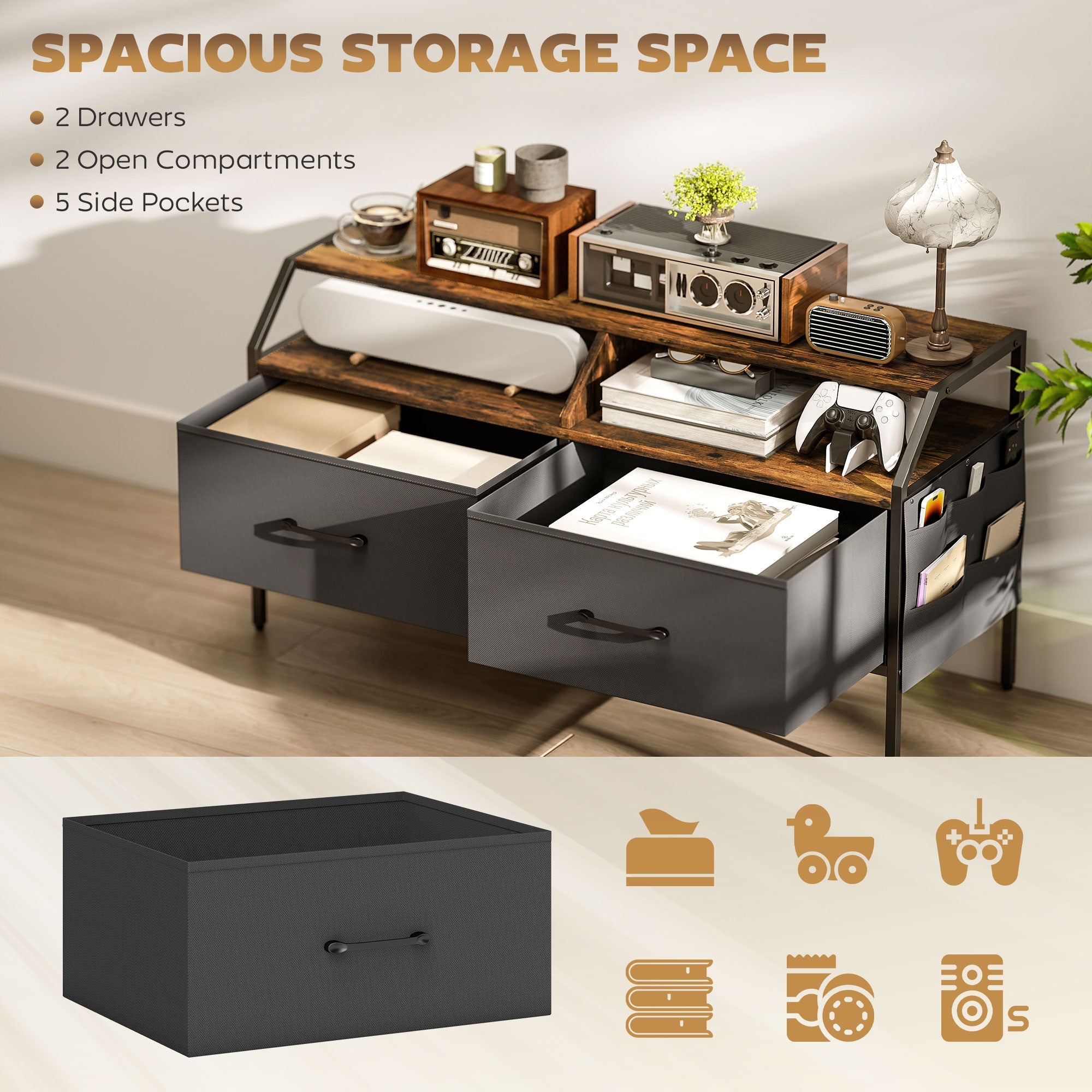 Black homcom tv stand cabinet with fabric drawers open shelves and side pockets for 55-inch TVs