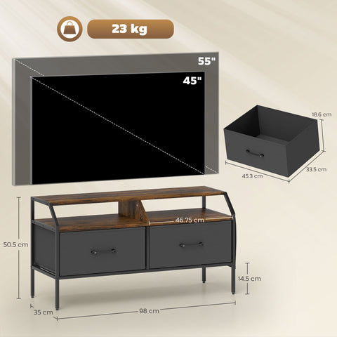 Dark gray metal and wood homcom tv stand cabinet with fabric drawers and open shelves for living room use