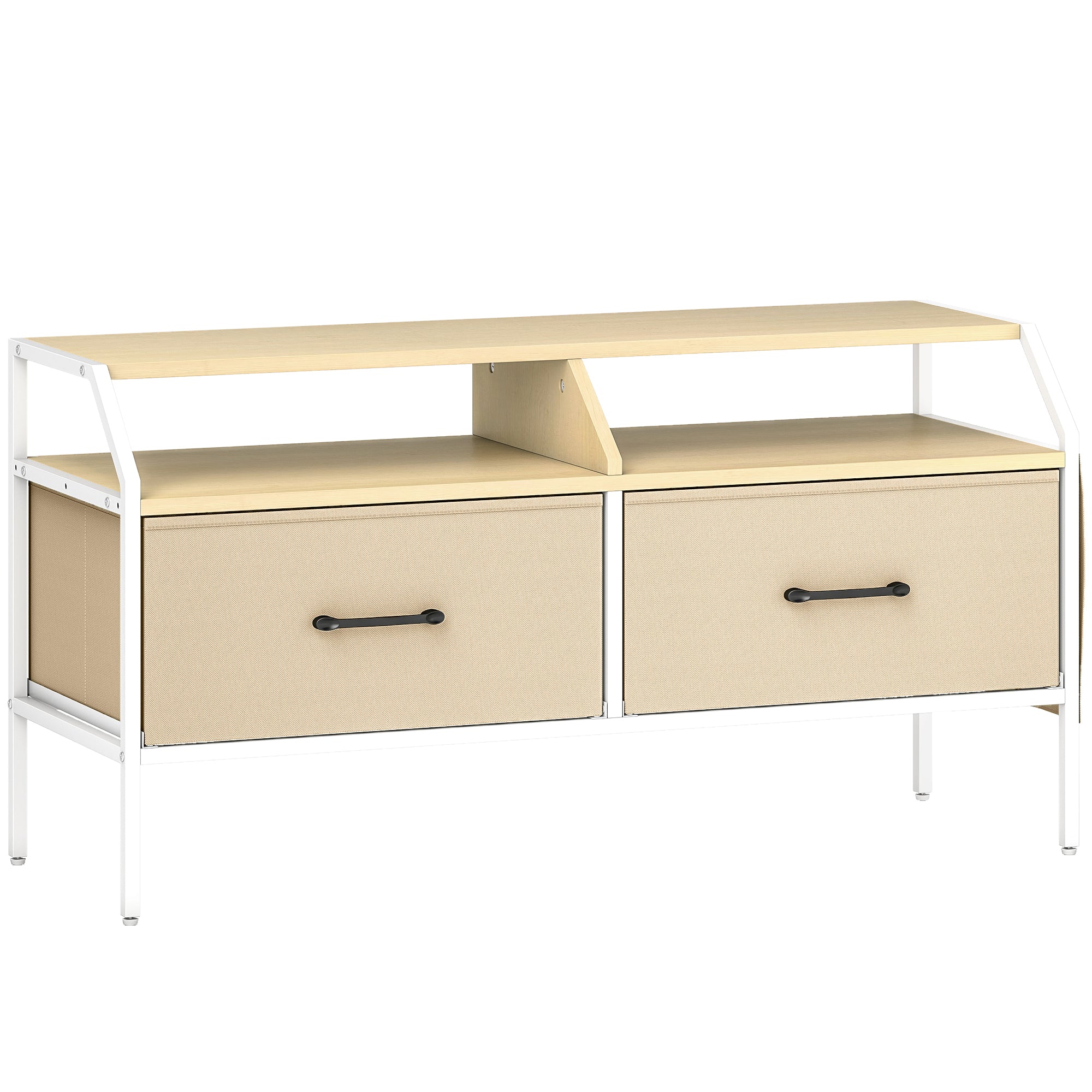 Beige homcom tv stand cabinet with natural wood finish white metal frame black handles and two fabric drawers