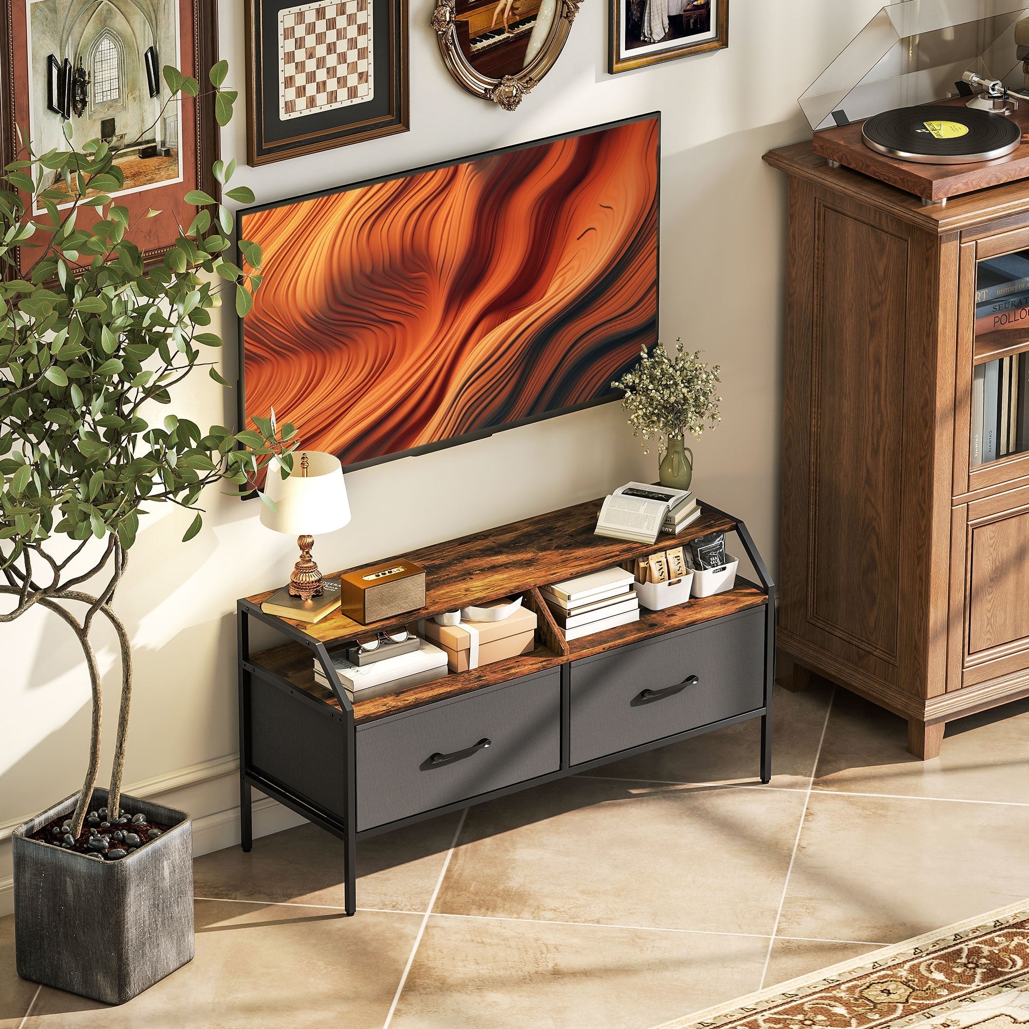 Dark gray metal homcom tv stand cabinet with rustic wood top, two drawers with black handles, and fabric drawers for storage