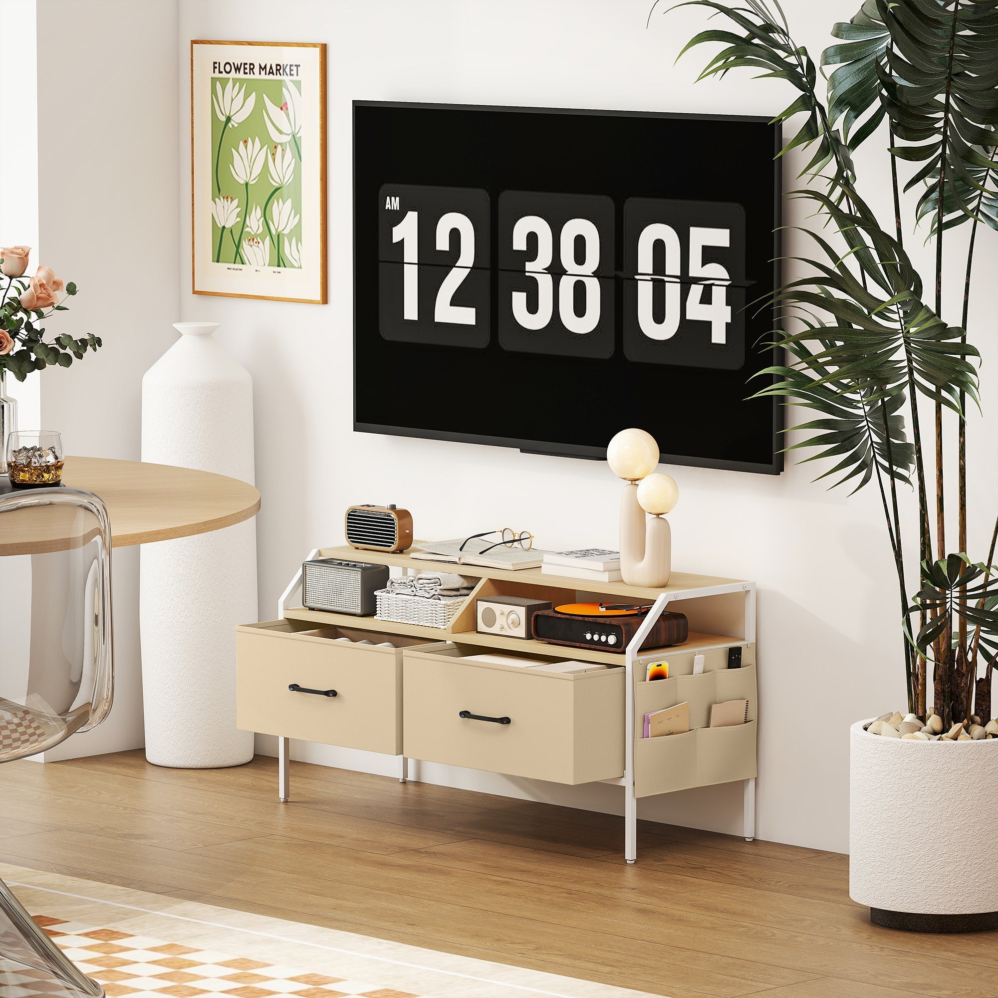 Beige homcom tv stand cabinet with natural wood finish white metal legs black handles and fabric storage drawers