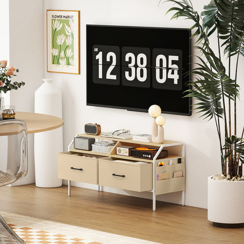 Beige homcom tv stand cabinet with natural wood finish white metal legs black handles and fabric storage drawers