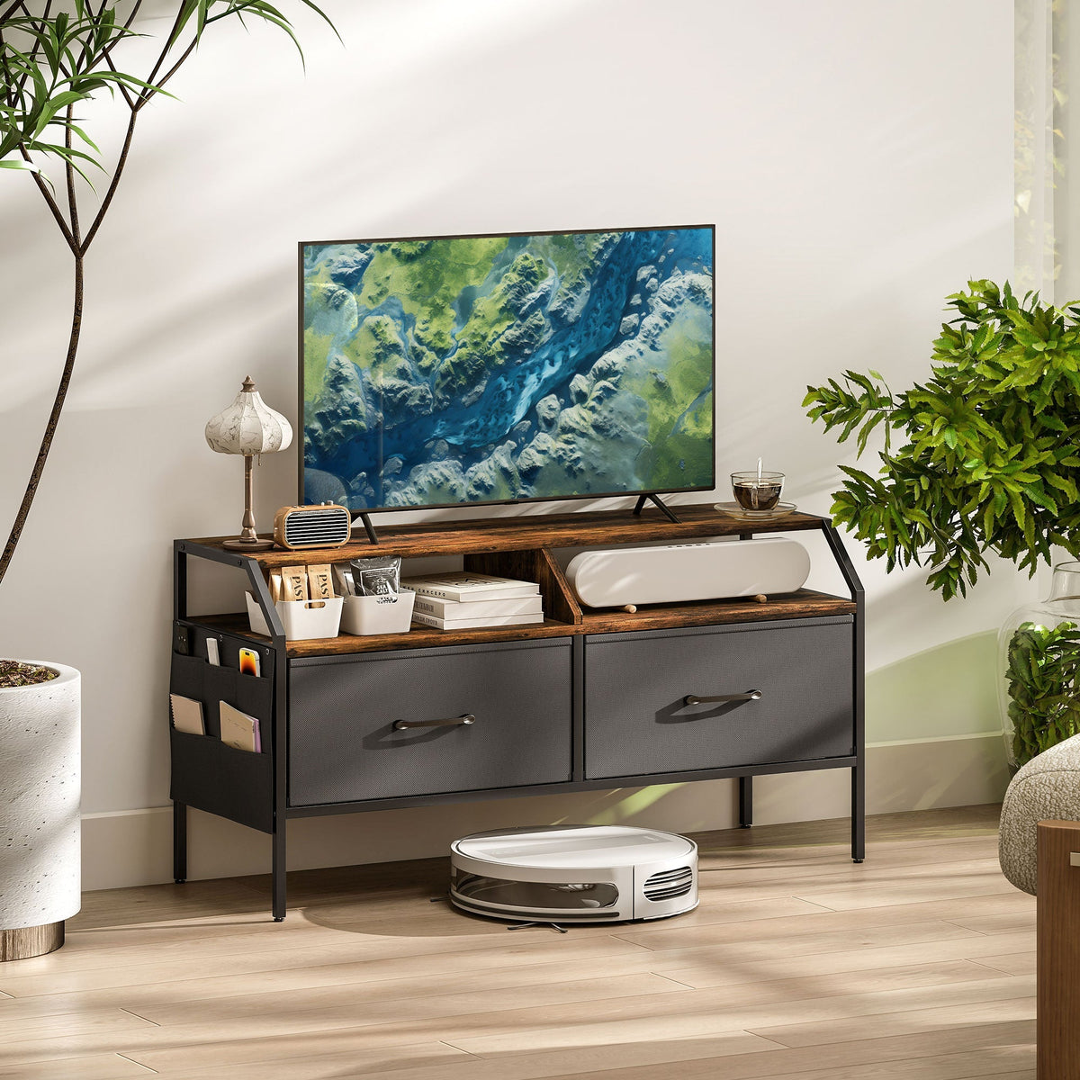 Modern gray and wood homcom tv stand cabinet with black metal frame two fabric drawers and open shelves for living room