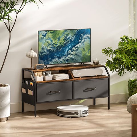 Modern gray and wood homcom tv stand cabinet with black metal frame two fabric drawers and open shelves for living room