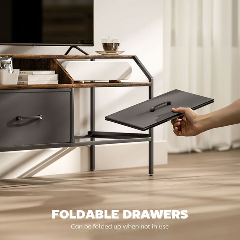 Black textured foldable fabric drawer with sleek metal handle on homcom tv stand cabinet for living room use