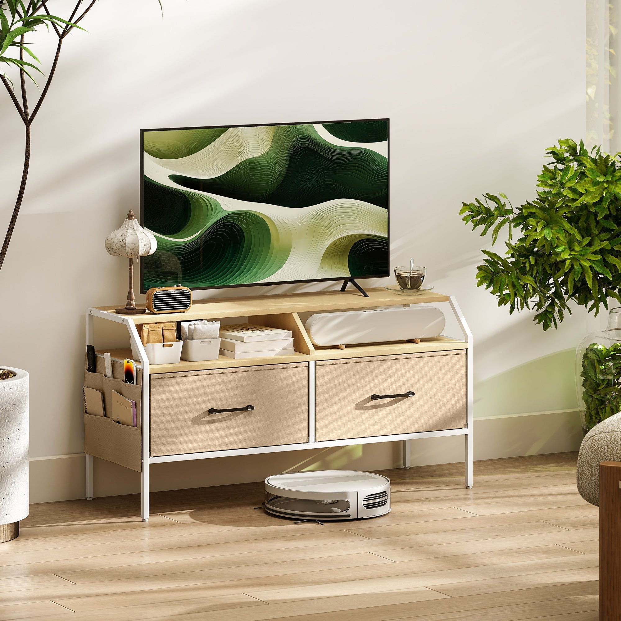 Modern beige and white homcom tv stand cabinet with sleek drawers open shelves and natural wood finish for living room