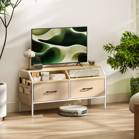 Modern beige and white homcom tv stand cabinet with sleek drawers open shelves and natural wood finish for living room
