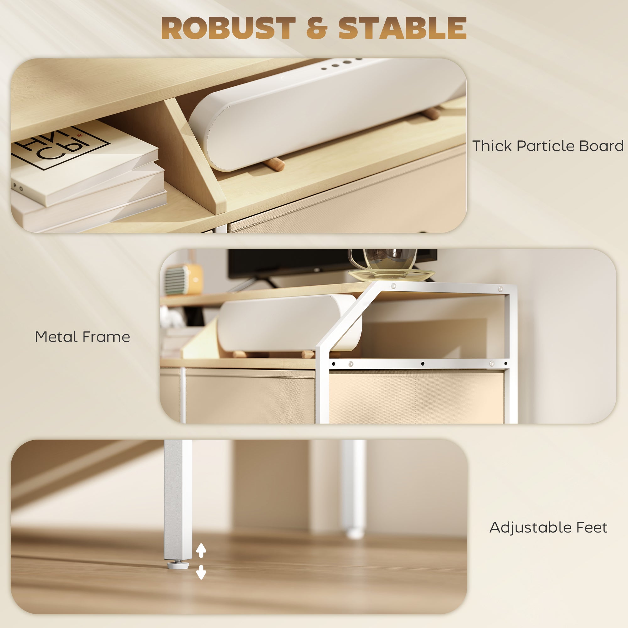 White rectangular speaker on a natural wood finish homcom tv stand cabinet with open shelves and fabric drawers