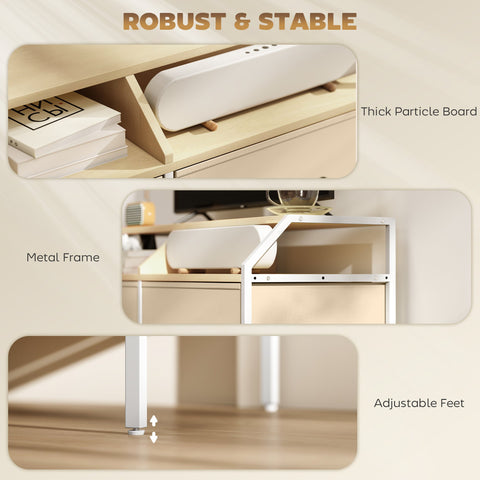 White rectangular speaker on a natural wood finish homcom tv stand cabinet with open shelves and fabric drawers
