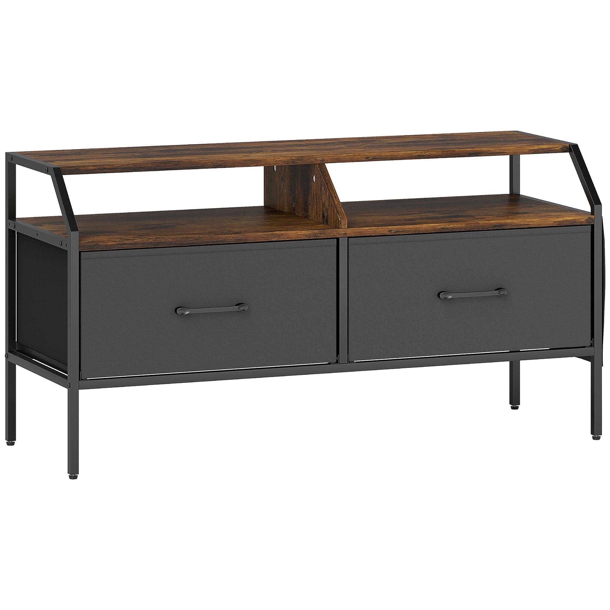 Industrial-style homcom tv stand cabinet with dark wood top black metal frame fabric drawers and mesh front drawers