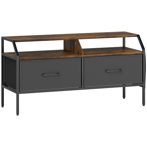 Industrial-style homcom tv stand cabinet with dark wood top black metal frame fabric drawers and mesh front drawers