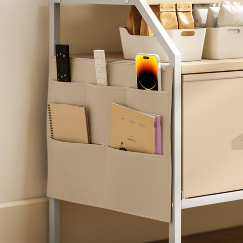 Beige fabric organizer with multiple pockets on white metal shelf in homcom tv stand cabinet with natural wood finish