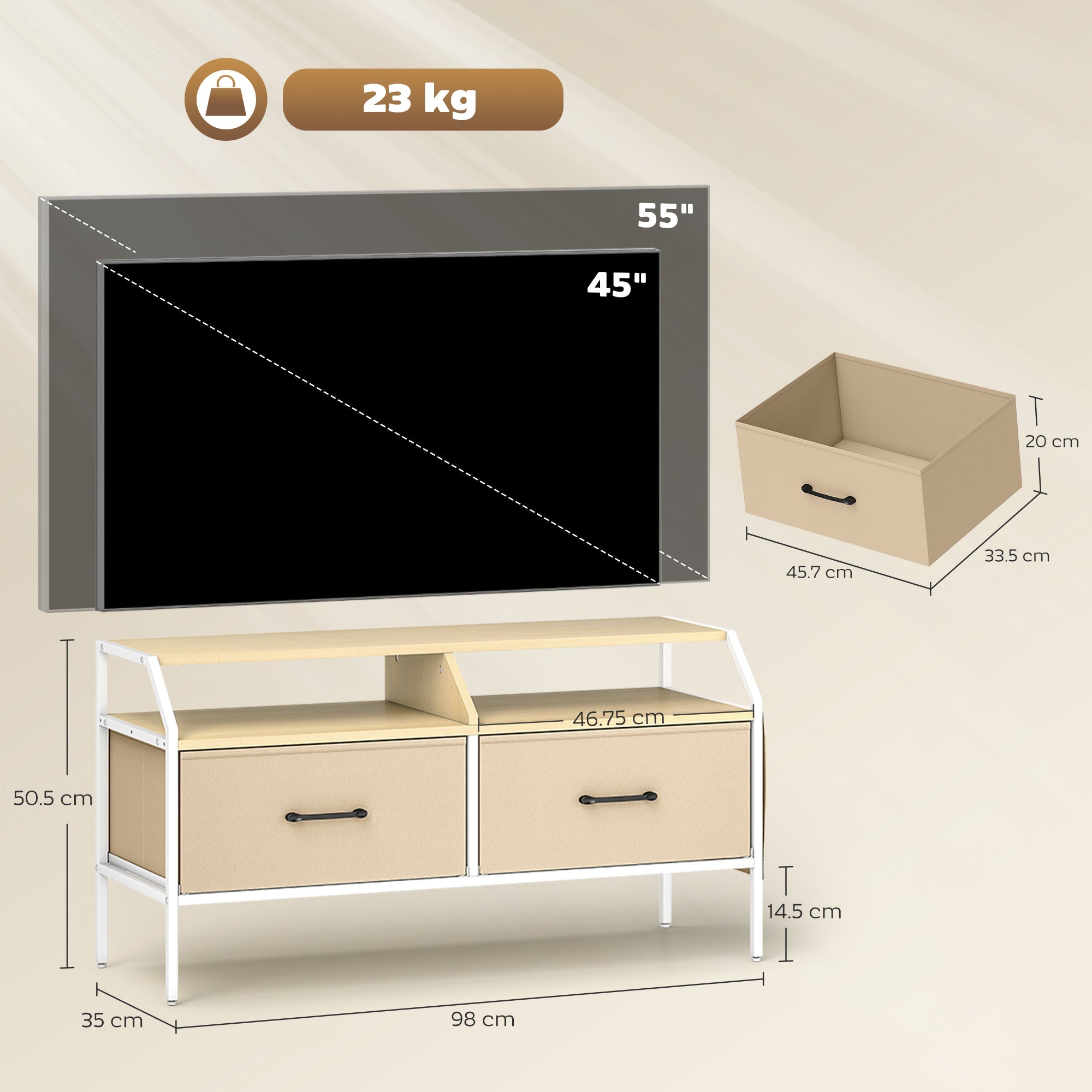 Beige and white homcom tv stand cabinet with natural wood finish metal frame and black handles for living room use
