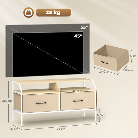 Beige and white homcom tv stand cabinet with natural wood finish metal frame and black handles for living room use