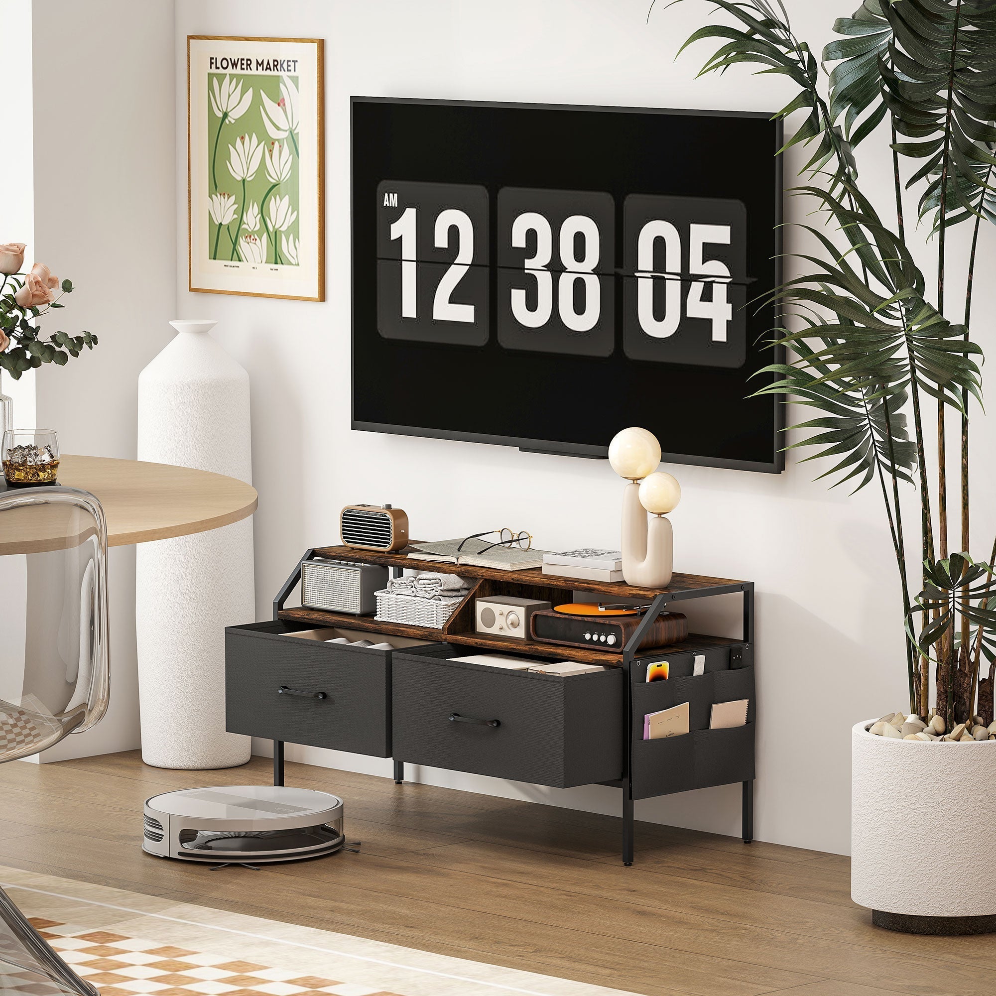 Black and wood homcom tv stand cabinet with fabric drawers, open shelves, and side pockets for living room use