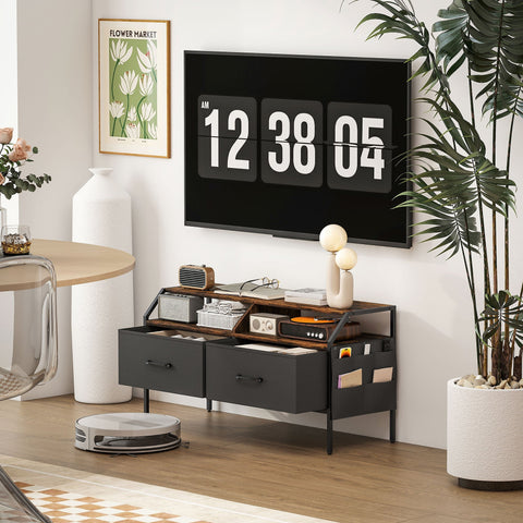 Black and wood homcom tv stand cabinet with fabric drawers, open shelves, and side pockets for living room use