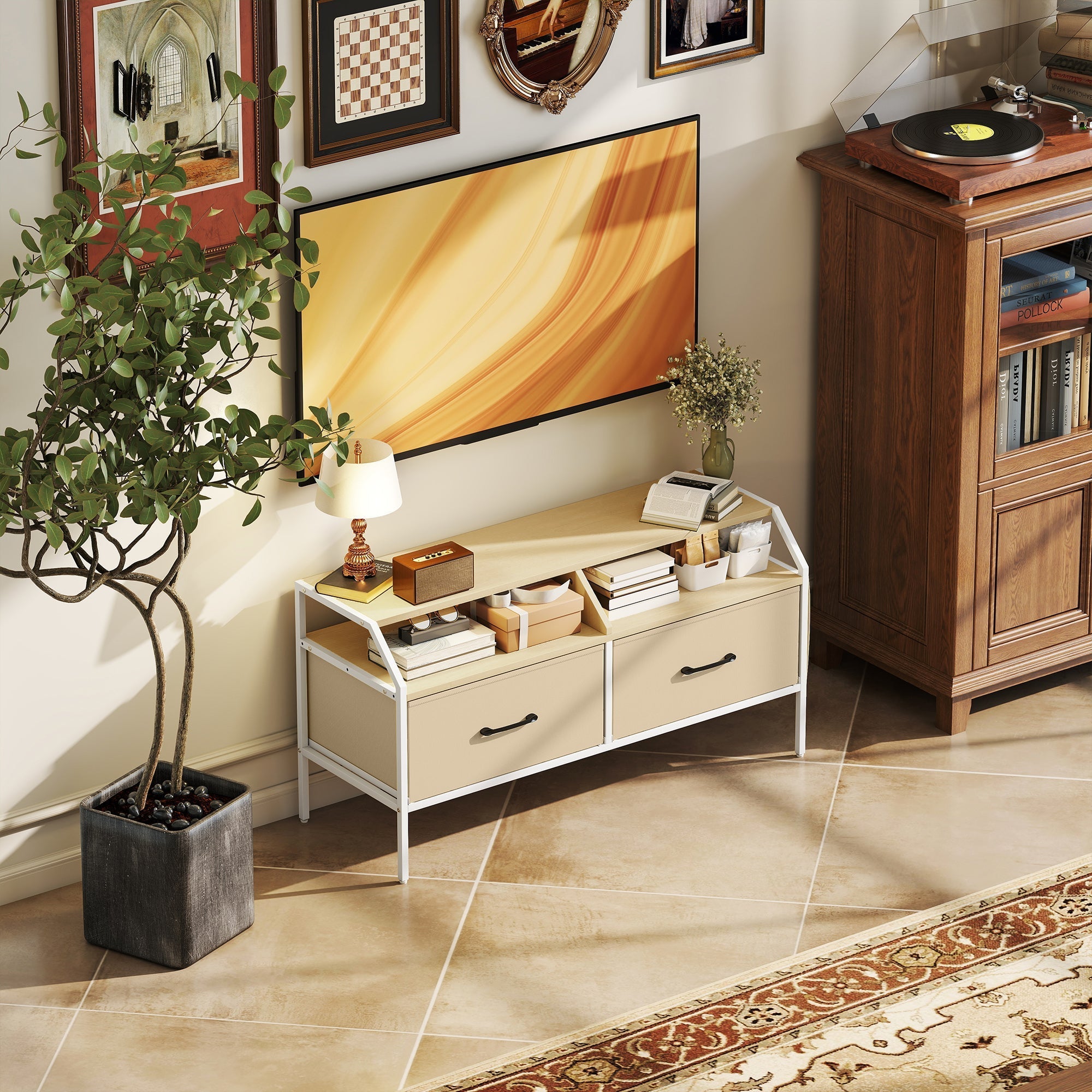 Beige homcom tv stand cabinet with white metal frame, natural wood finish, two drawers with black handles for living room use