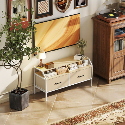 Beige homcom tv stand cabinet with white metal frame, natural wood finish, two drawers with black handles for living room use