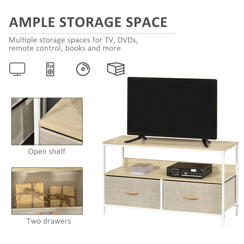 Modern beige and white HOMCOM TV stand with metal frame, open shelf, and linen drawers for living room or entertainment room
