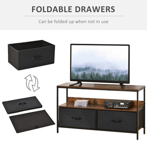 Homcom tv stand cabinet with black fabric drawers metal handles on rustic brown wood and steel console for living room