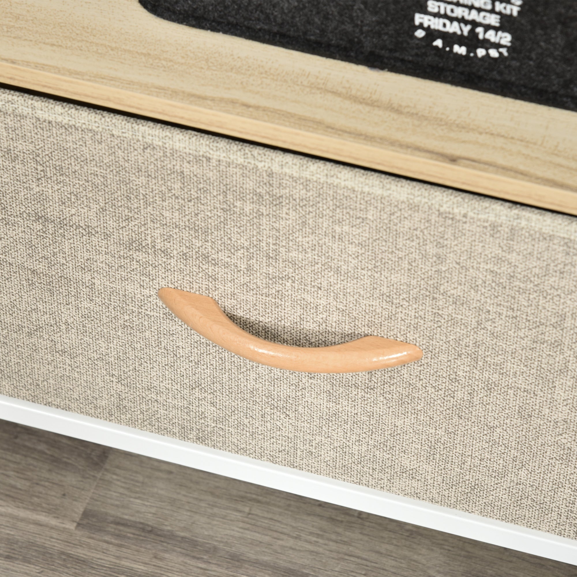 Beige fabric drawer with smooth light wood curved handle in homcom tv stand cabinet with open shelf for living room and entertainment room