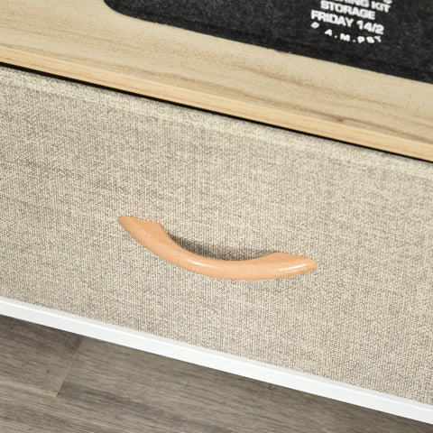 Beige fabric drawer with smooth light wood curved handle in homcom tv stand cabinet with open shelf for living room and entertainment room