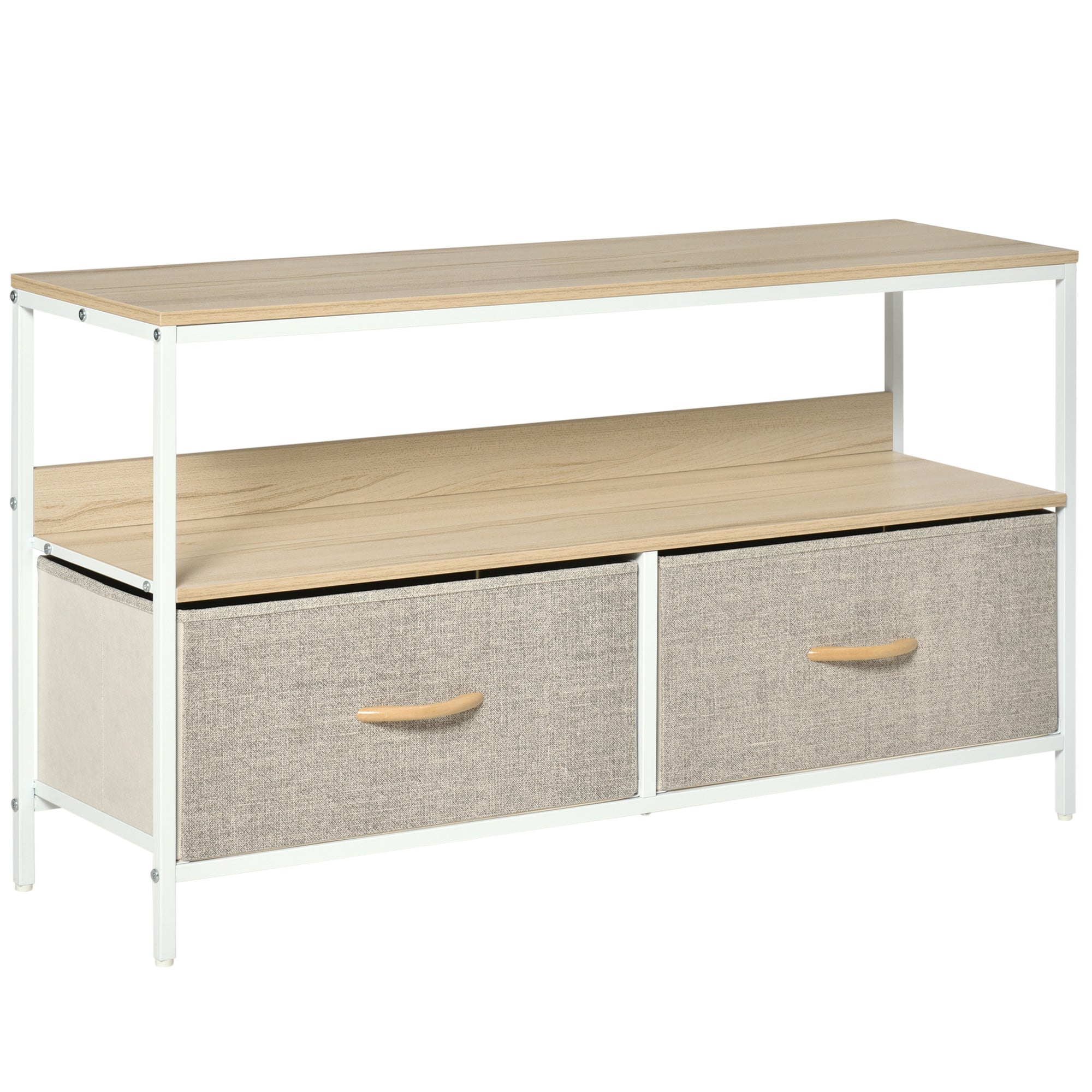 Modern two-drawer homcom tv stand with beige fabric drawers open shelf in light wood and white metal for living room or entertainment room