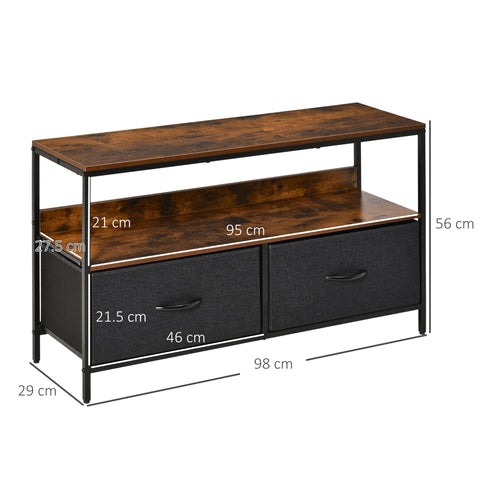 Homcom tv stand cabinet in rustic brown with two foldable linen drawers metal frame and open shelf for living room or entertainment room