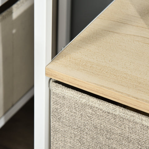 Beige fabric storage bin with light wood-grain top and white metal frame in homcom tv stand with open shelf for living room entertainment room