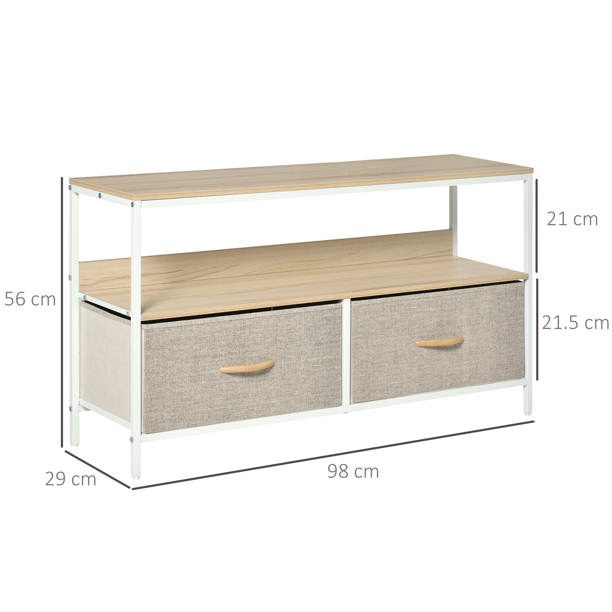 Modern homcom tv stand cabinet with beige fabric drawers open shelf white metal frame and light wood top for living room