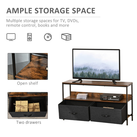 Rustic finish wooden homcom tv stand with black metal frame two foldable drawers and open shelf for living room or entertainment room