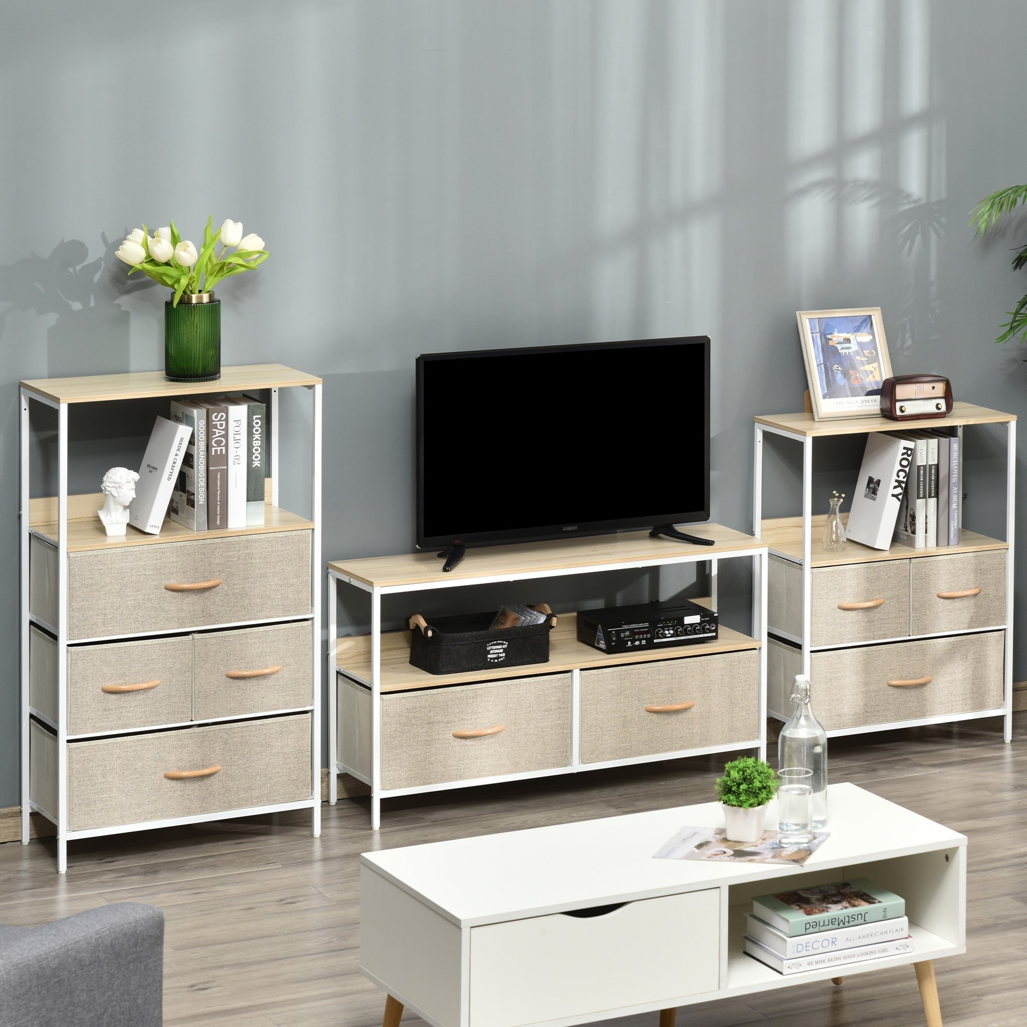 Modern beige fabric media console with white metal frame wooden handles and open shelf for living room entertainment room