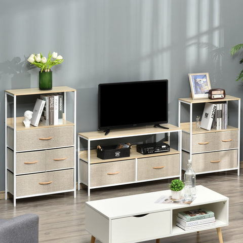 Modern beige fabric media console with white metal frame wooden handles and open shelf for living room entertainment room