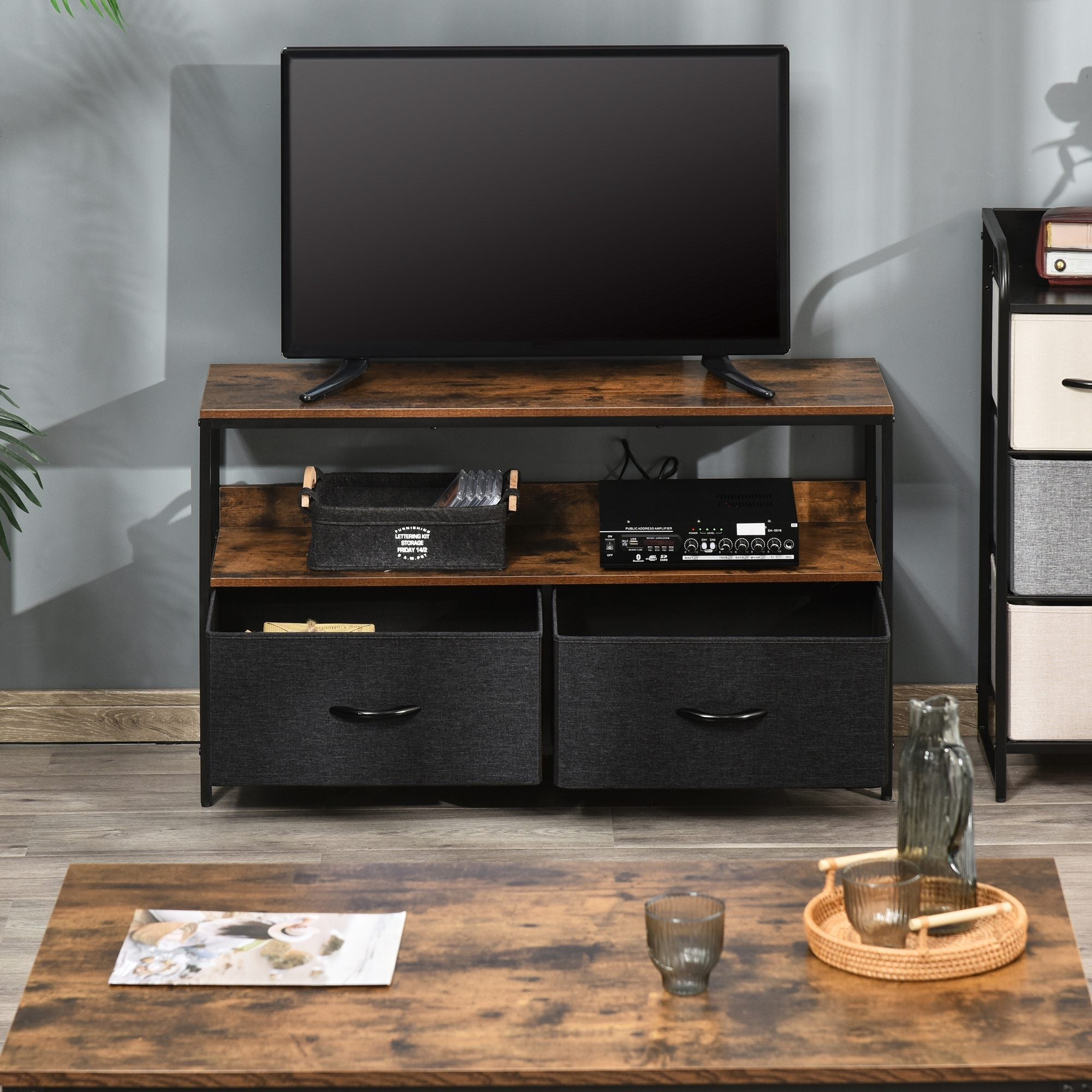 Rustic brown homcom tv stand cabinet with wood and black metal frame, 2 foldable linen drawers for living room entertainment room