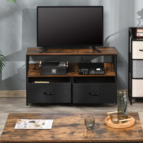 Rustic brown homcom tv stand cabinet with wood and black metal frame, 2 foldable linen drawers for living room entertainment room