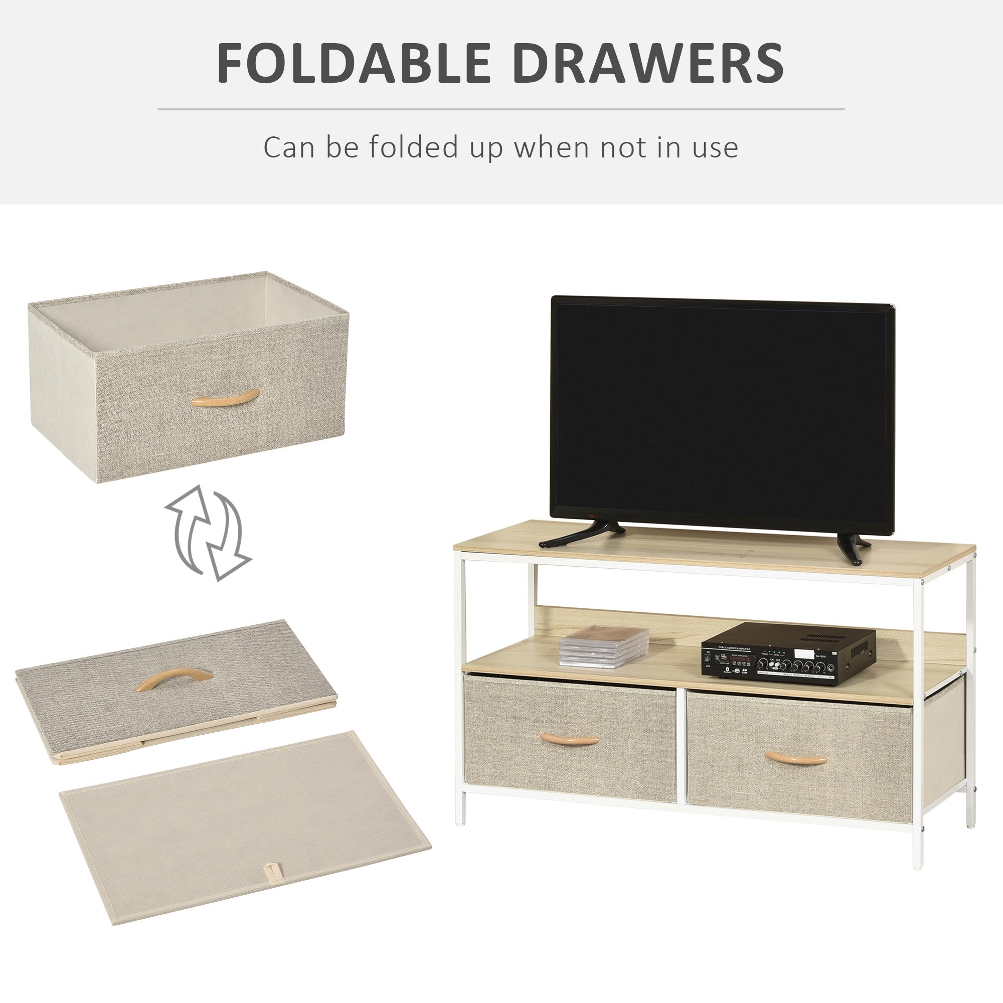 Beige fabric drawers with wooden handles on a homcom tv stand cabinet with open shelf for living room entertainment room use