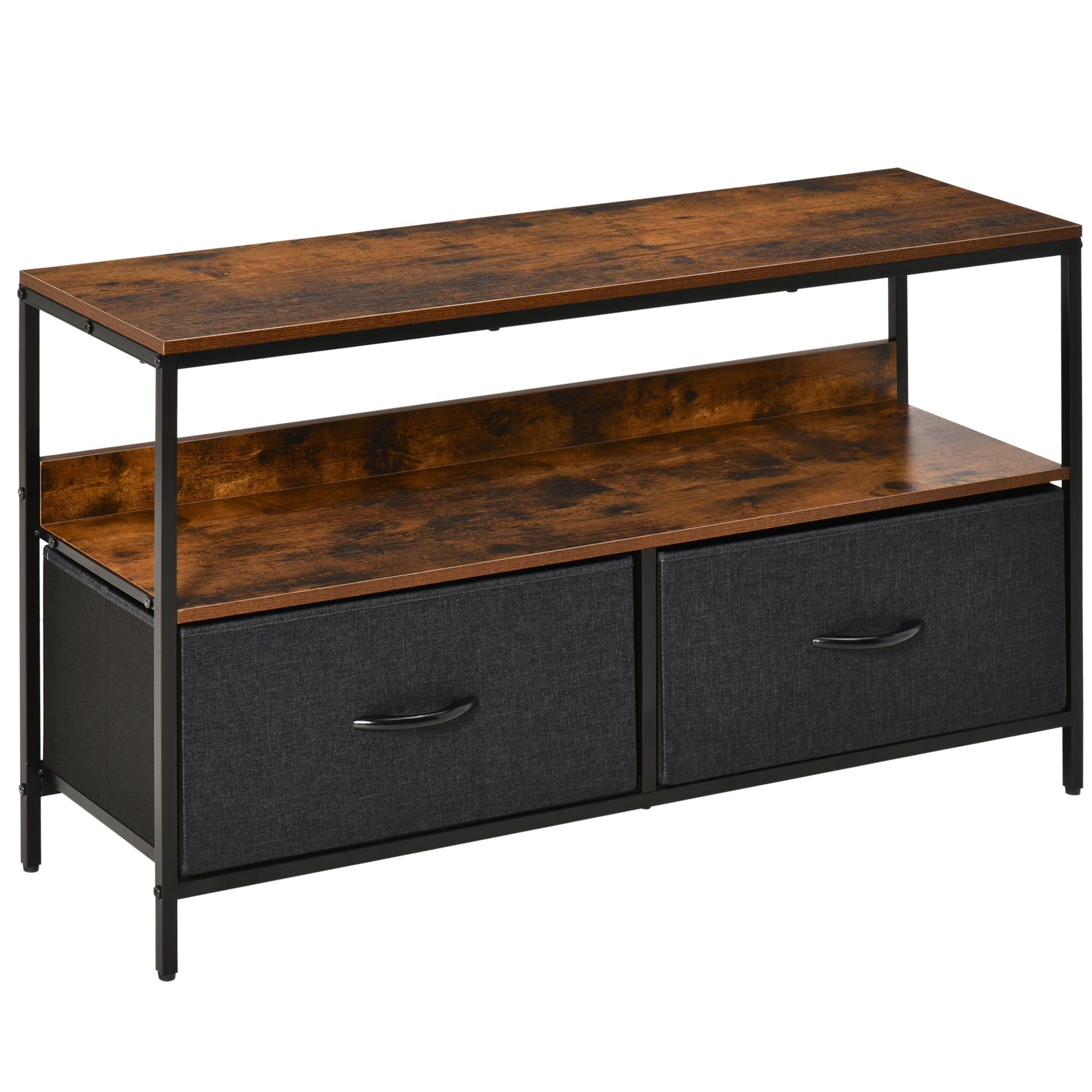 Industrial-style homcom tv stand with rustic brown wooden top, black metal frame, and dark gray drawers for living room or entertainment room