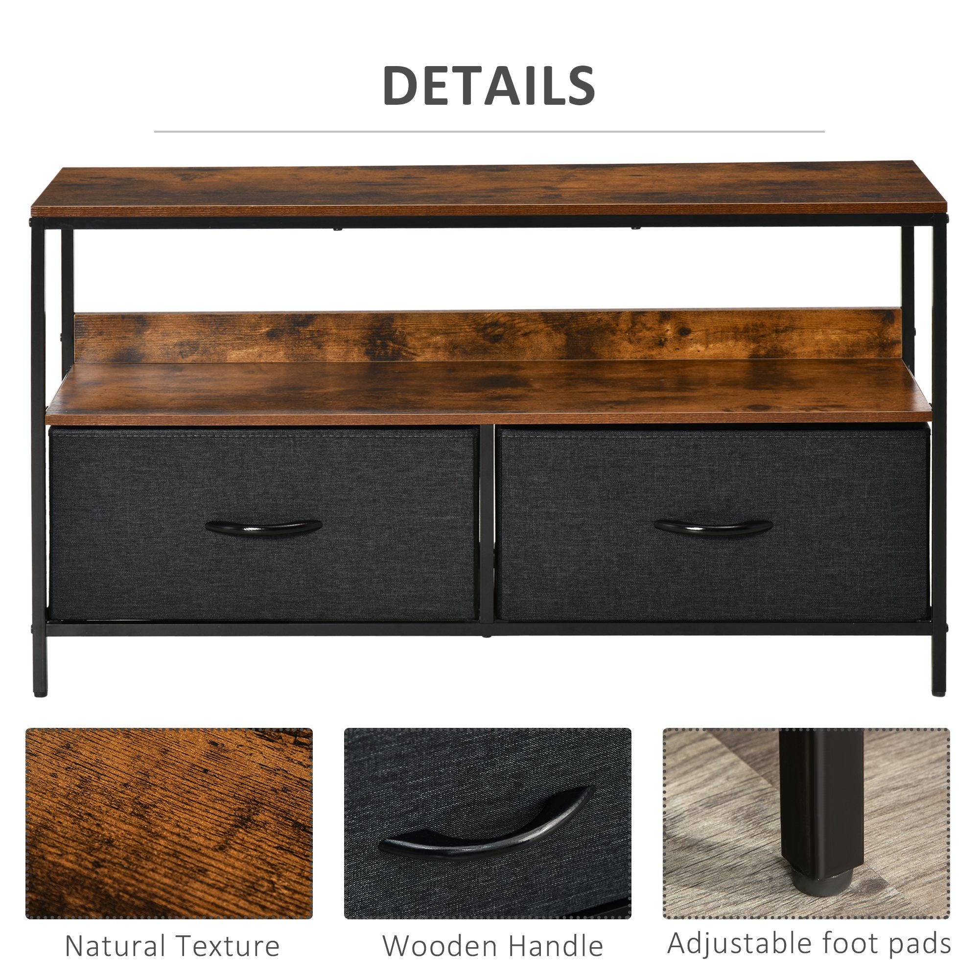 Rustic brown homcom tv stand cabinet with distressed wood top and black fabric drawers for living room or entertainment room