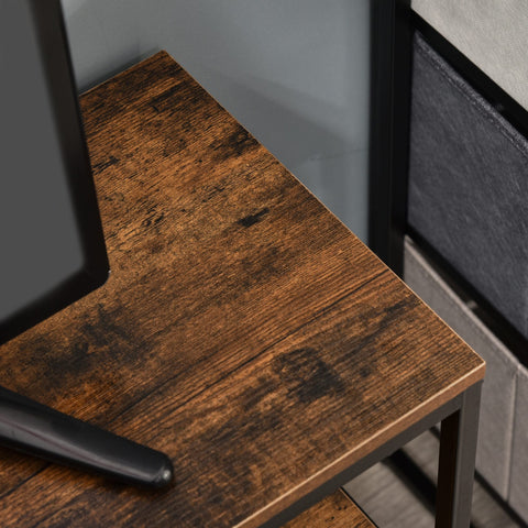 Rustic brown wooden side table with black metal legs featuring open shelf and foldable linen drawers for living room or entertainment room
