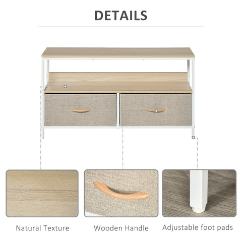 Modern homcom tv stand cabinet with maple wood top, fabric drawers, wooden handles, and open shelf for living room entertainment room