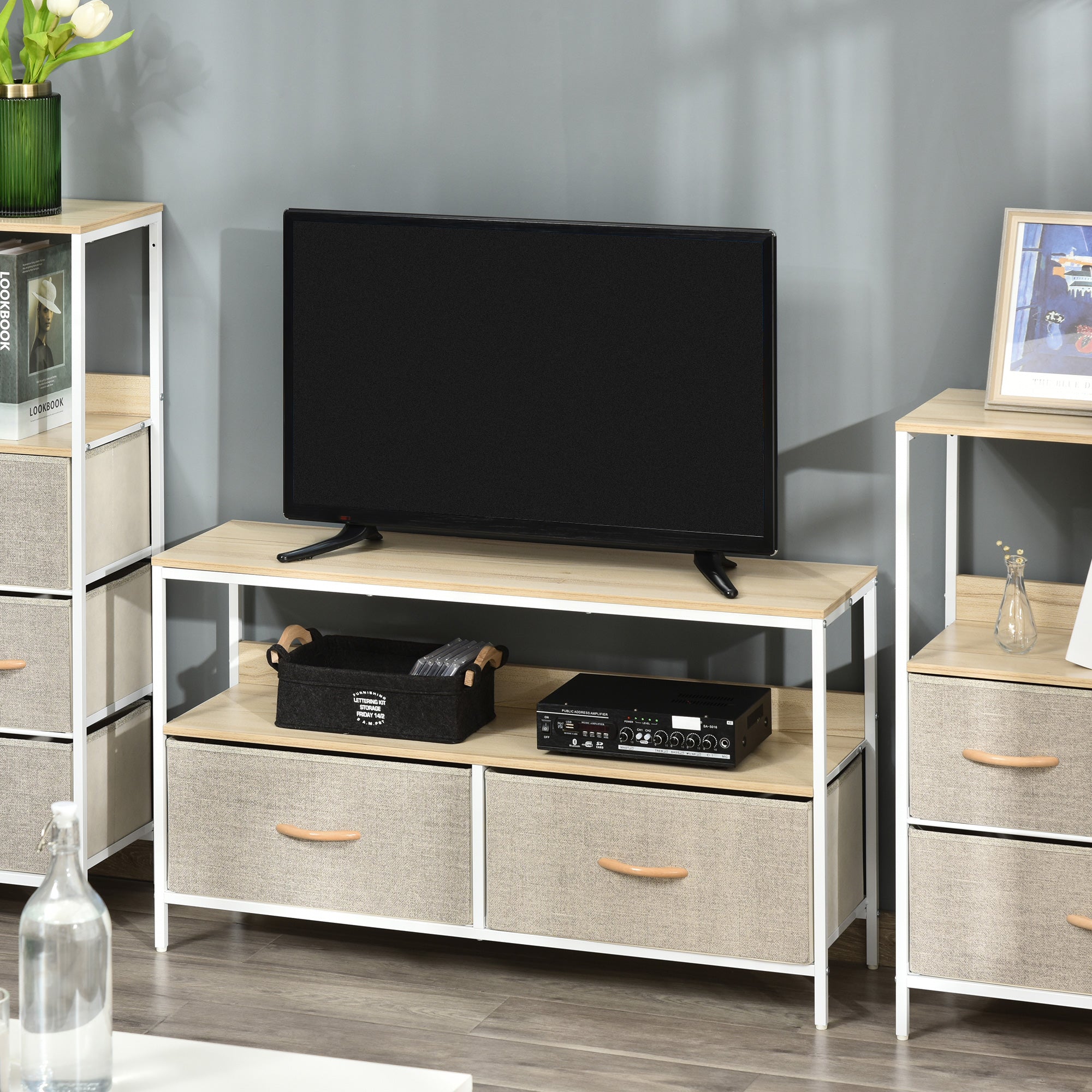 Modern homcom tv stand with light wood top white metal frame two beige fabric drawers and open shelf for living room or entertainment room
