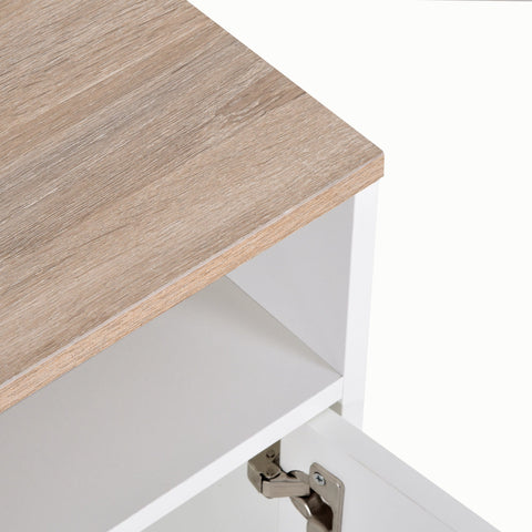 Modern white tv stand cabinet with light gray wood-grain top and silver hinges made of particle board for living room use