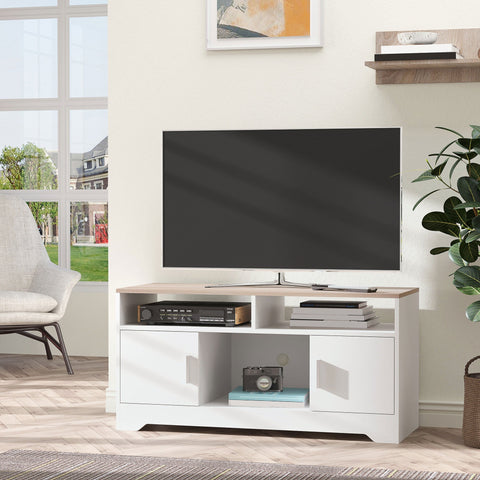 Homcom tv stand cabinet in white and light wood particle board with sliding doors and open shelves for living room storage