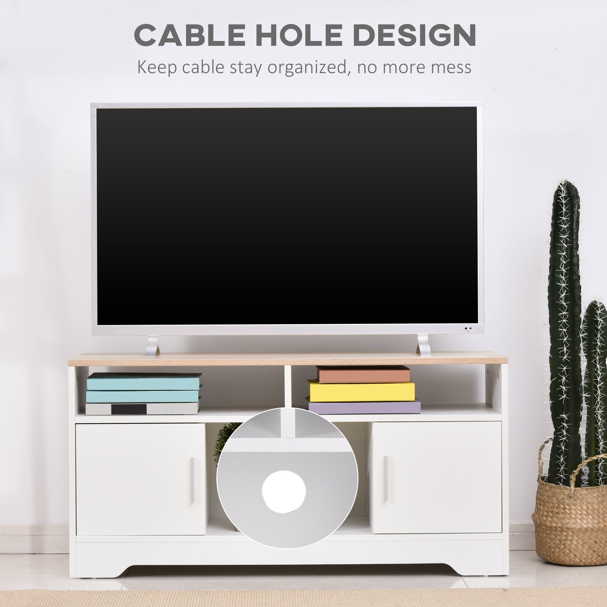 White particle board homcom tv stand with light wood top and cable hole for organized storage up to 50 inches