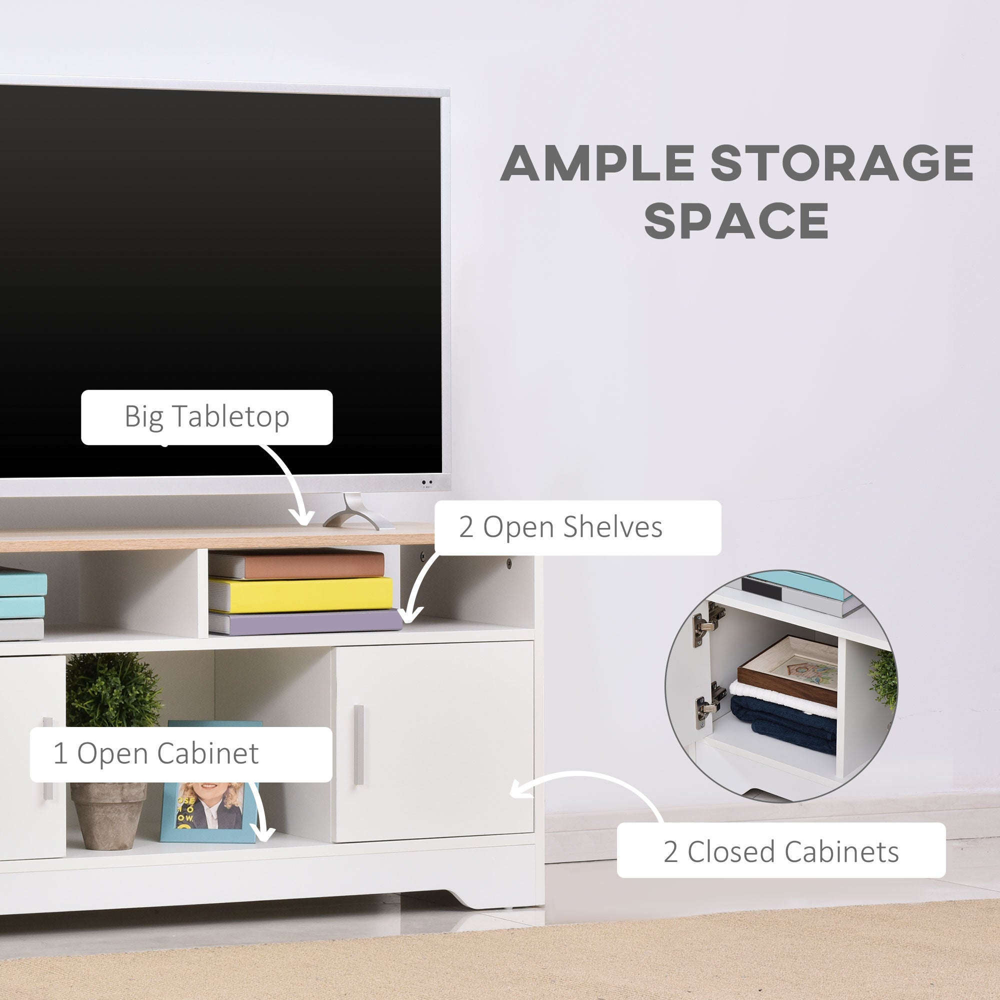 White particle board homcom tv stand cabinet with big tabletop open and closed shelves for living room storage