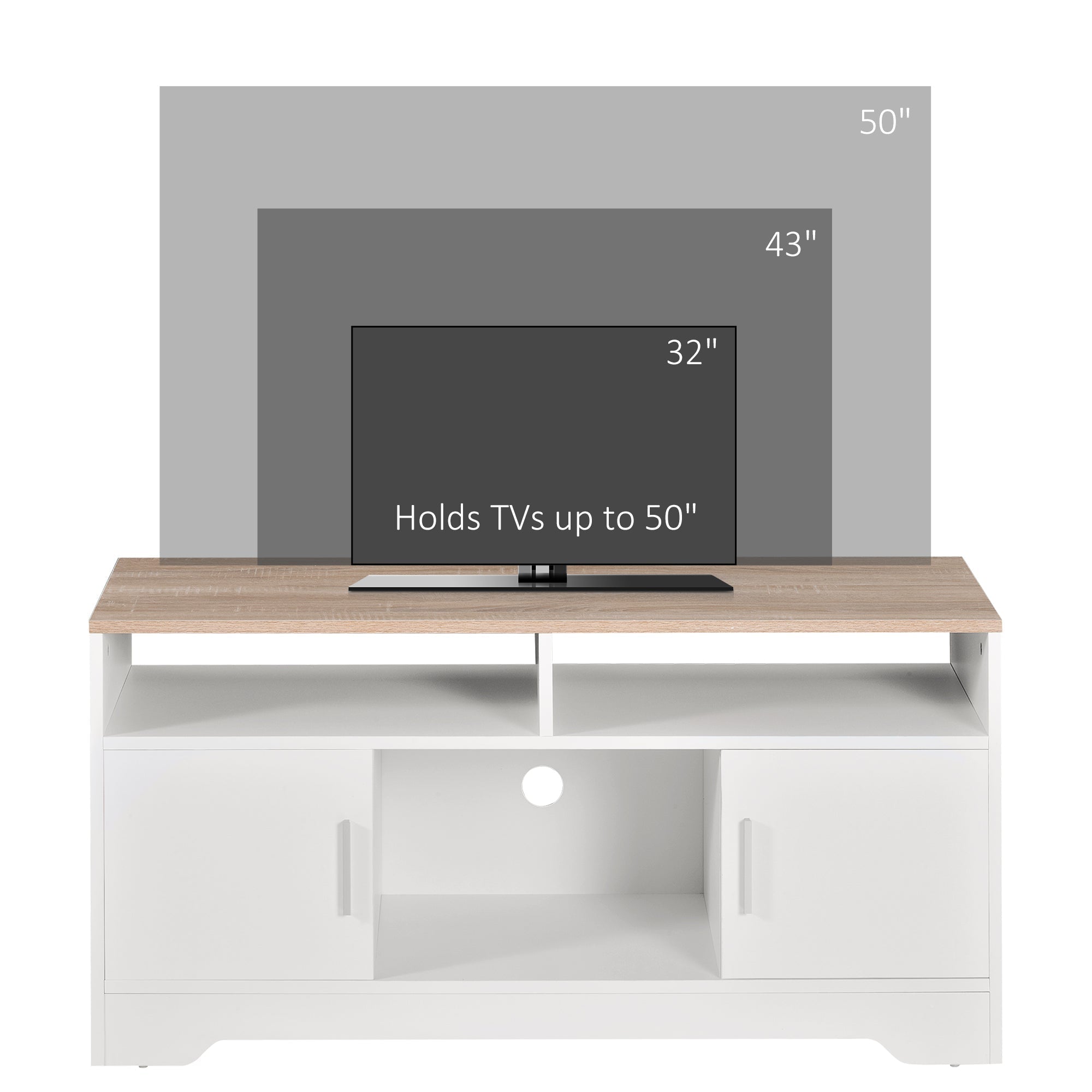 Homcom white tv stand cabinet with light wood top particle board open shelving and cable management for living room
